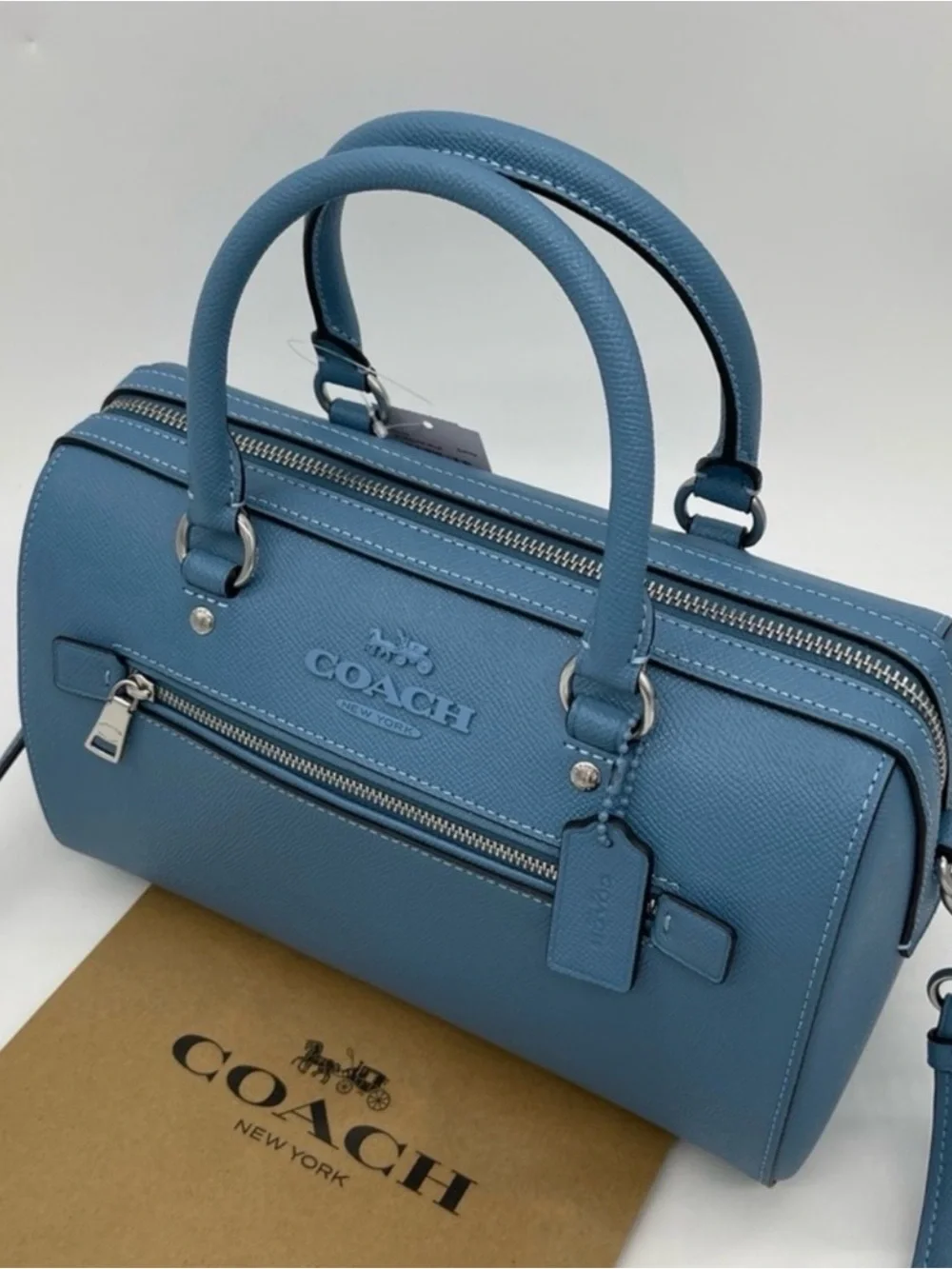Coach Rowan Turquoise Blue Pebbled Leather Satchel with Gold Hardware